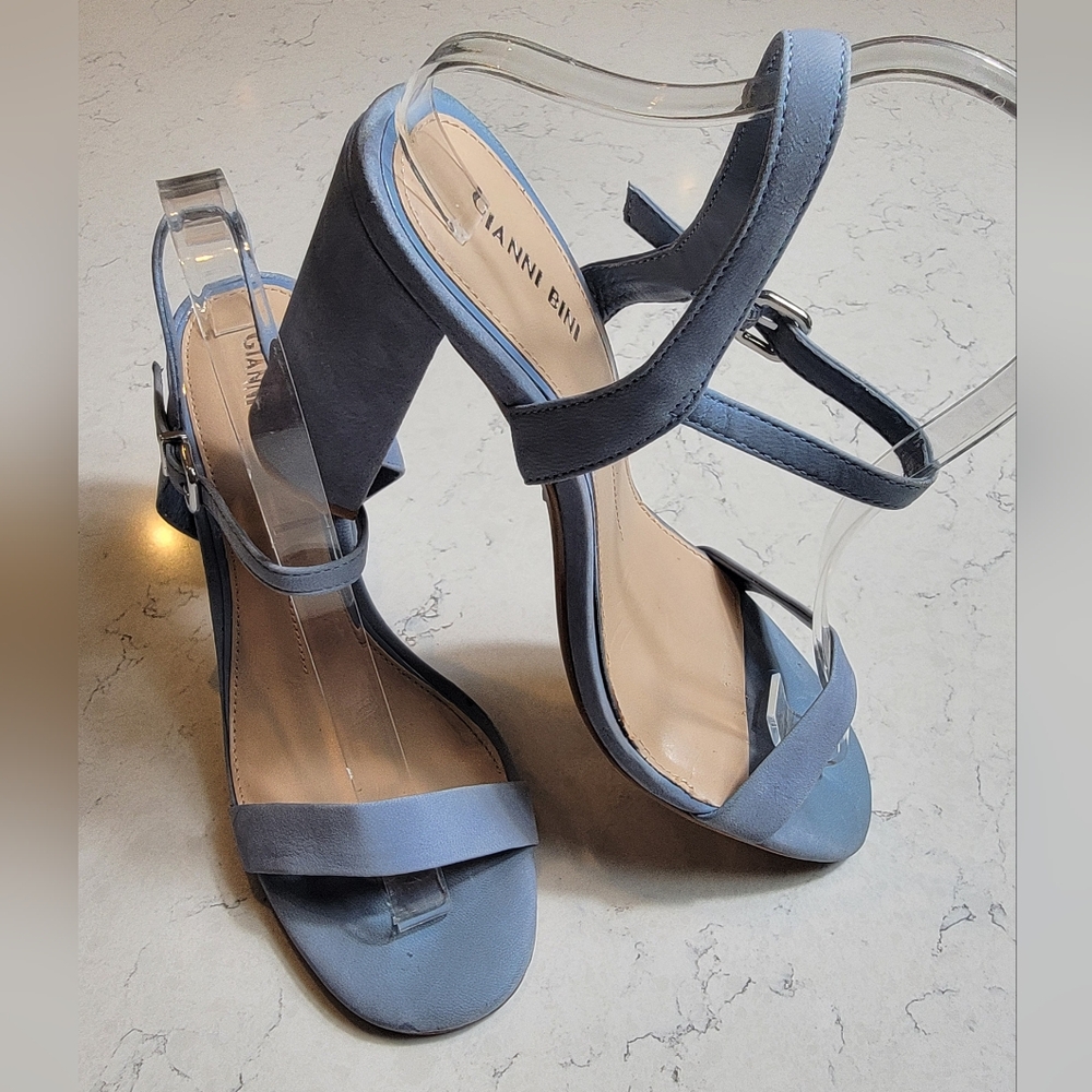 Gianni Bini Dusty Blue Leather Block Heel Dress Sandals Adjustable Strap 9.5